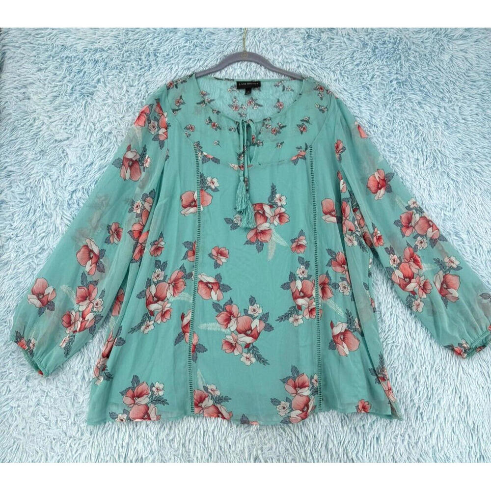 Lane Bryant Women's Size 22 Floral Balloon Sleeve Keyhole Tassel Neck Top - Chic - Picture 4 of 13